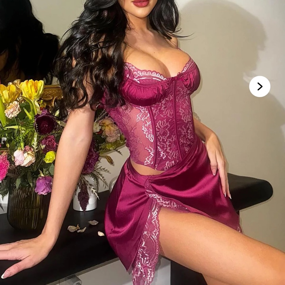 Elegant Lace Satin Set in Deep Pink